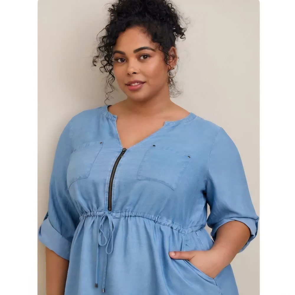 Torrid Women's Blue Chambray Split Neck Zip Roll Tab Sleeves Dress Size 0X Large - Picture 2 of 11